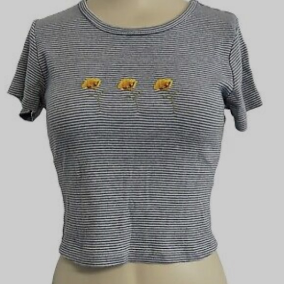 Brandy Melville Ashlyn Top - Yellow poppies blue/white striped crop top - Picture 2 of 4